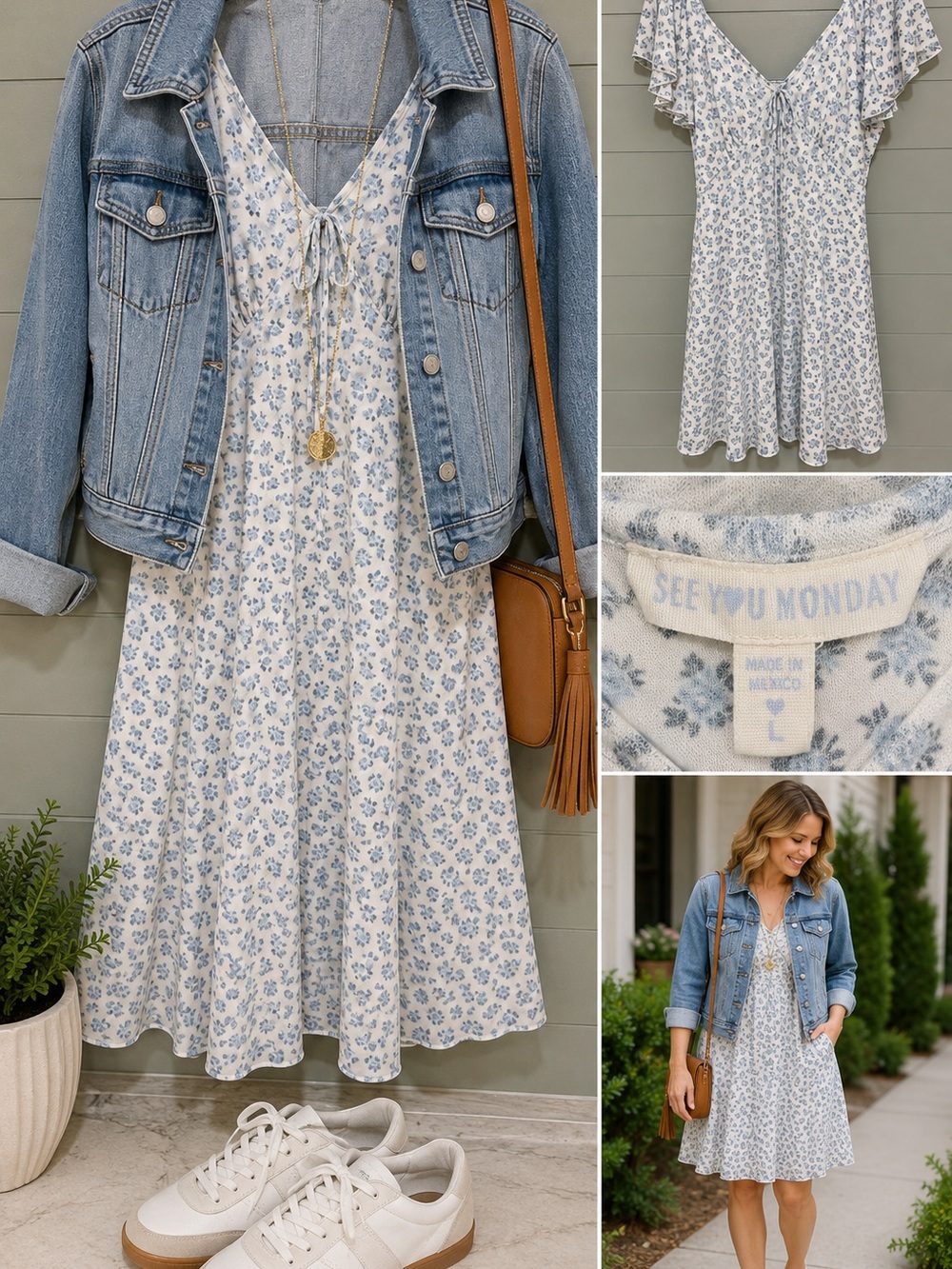 See You Monday Blue Floral V-Neck Summer Dress Fully Lined